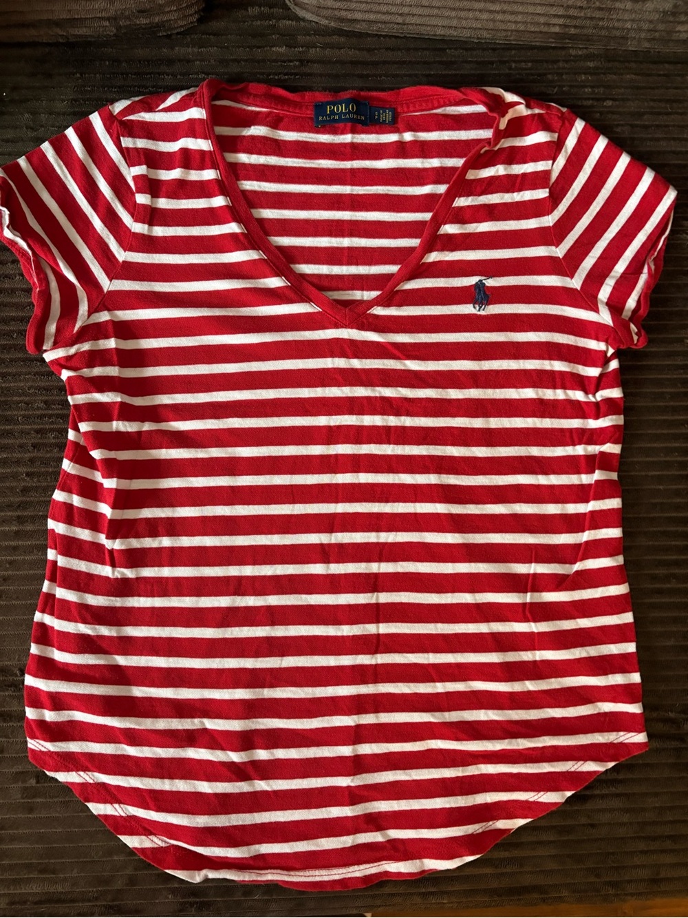 Ralph Lauren Red & White Striped V-Neck Tee with Polo Pony